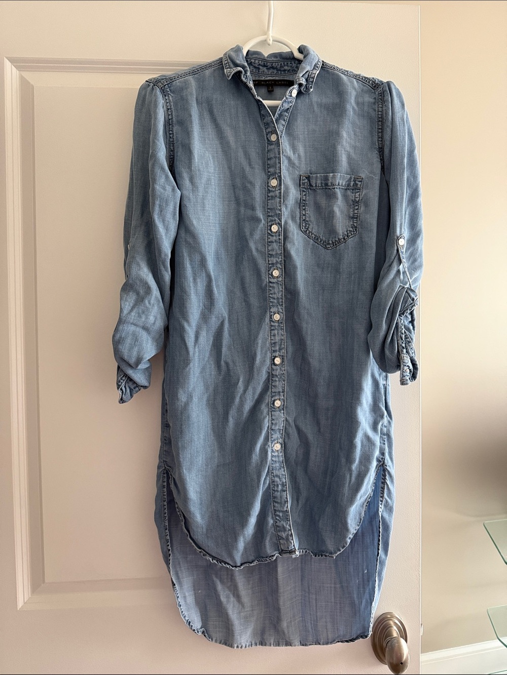 Denim High-Low Shirt Dress in Light Blue